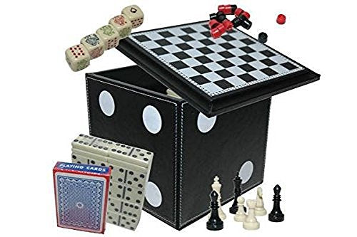 CHH 5 In 1 Dice Cube Game Set Chess/Dominoes/PokerDice/ Playing Cards 5 Game Combination Set, Black