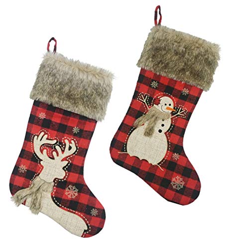 Comfy Hour Holiday Home Collection 20" Winter Christmas Snow Flake Soft Fur Top Snowman and Reindeer Wearing Scarf Stocking, Set of 2, Polyester