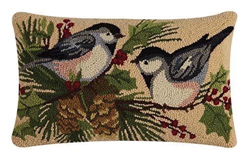 Peking Handicraft 31SW209C20OB Chickadees Duo Holiday Hook Pillow, 20-inch Long, Wool and Cotton