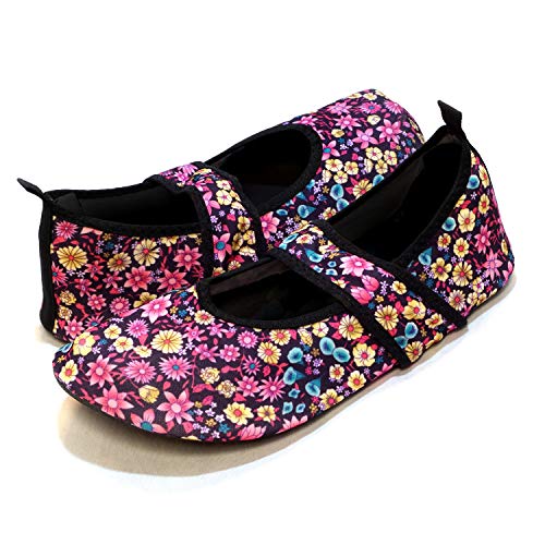 Calla Nufoot Women's Futsoles Soft-Sided Shoes for Indoors/Outdoors, Foldable & Flexible Footwear for Sport, Exercise, Yoga or Travel, Dance Shoes, Purple Daisies, Medium
