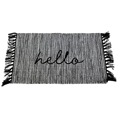 Foreside Home & Garden FTEX09621 Woven Outdoor Safe Cotton Hello Entry Rug with Hand Tied Fringe, Black