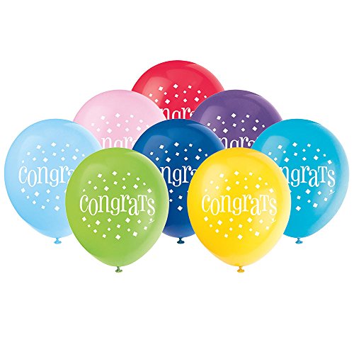 Unique Industries Assorted Color"Congrats" Latex Balloons, 8 Ct.