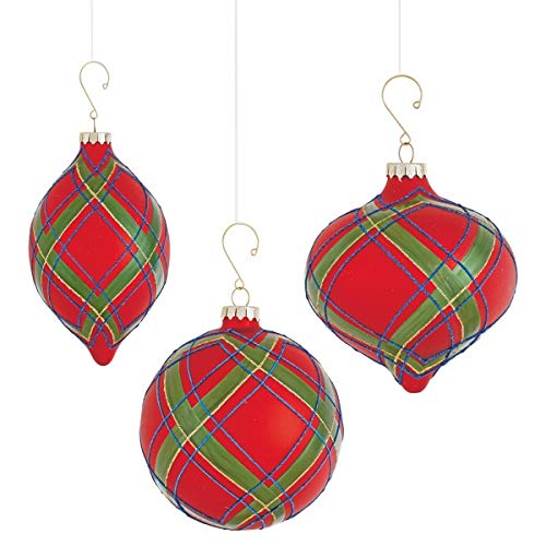 Napa Home & Garden Highland Plaid GLS ORNS ST/3 RD/GRN