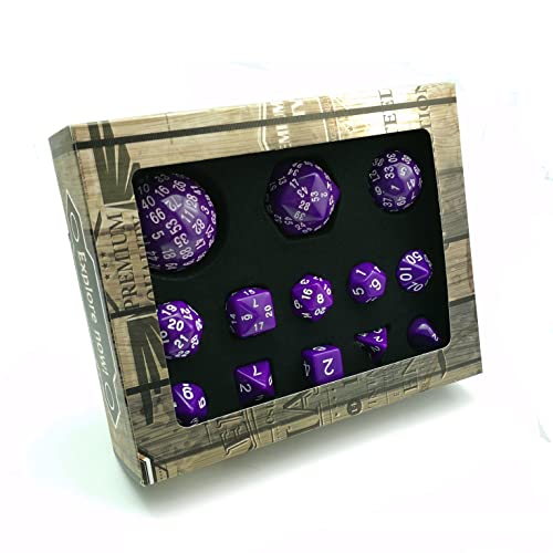Bescon Dice Complete Polyhedral RPG Dice Set 13pcs D3-D100, 100 Sides Dice Set Solid Purple