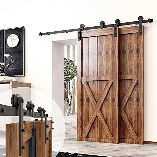 Homacer Black Rustic Single Track Bypass Sliding Barn Door Hardware Kit, for Two/Double Doors, 7.5ft Long Flat Track, Straight Design Roller