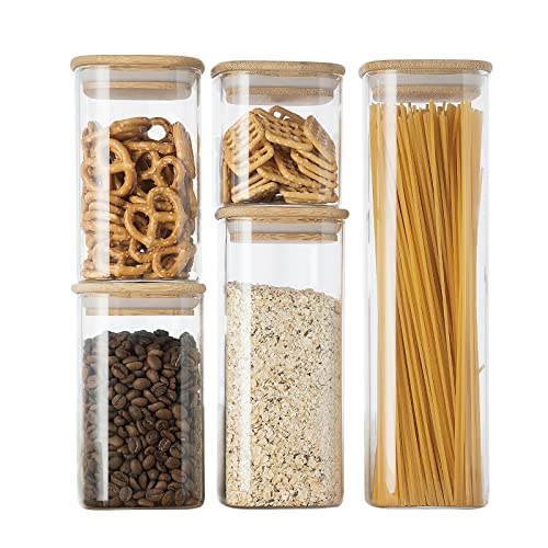 GENICOOK Borosilcate Glass Canister Set with Eco-Friendly, Easy to Open Natural Bamboo Lids - 10 pc set (5 Glass Containers, 5 Bamboo Lids) Square