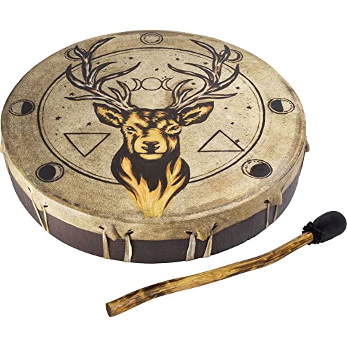 Kheops International Ceremonial Frame Drum - Stag with Moon Phases, 12" diameter, includes beater, Handmade & painted by artisans in Bali