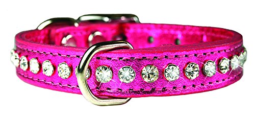 OmniPet Signature Leather Crystal and Leather Dog Collar, 16", Metallic Pink