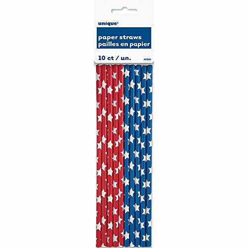 Unique Industries Unique Patriotic Stars Paper Straws | Red & Blue | 10 Pcs, 8", Red/Blue