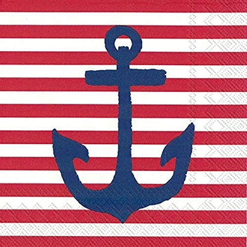 Boston International 20 Count Yacht Club 3-Ply Paper Cocktail Napkins, Red Anchor