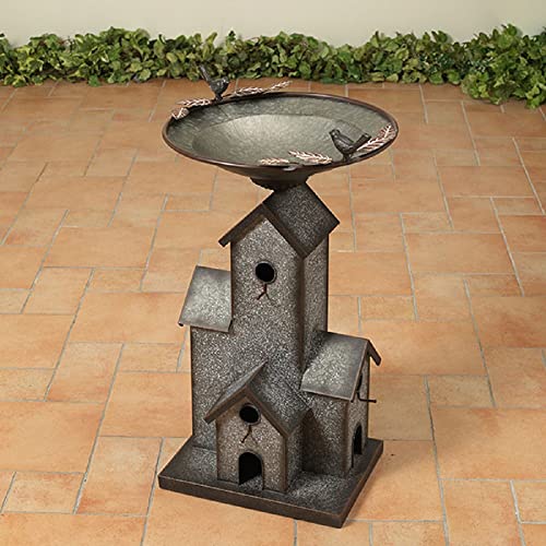 Gerson International Birdhouse with Birdbath, Galvanized Metal, 31.75-inch