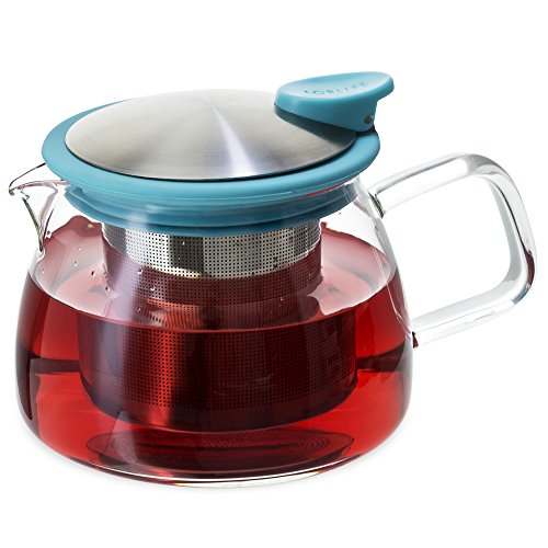 FORLIFE Bell Glass Teapot with Basket Infuser, 14 oz./430 mL, Turquoise