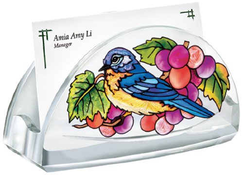 Amia Hand Painted Acrylic Business Card Holder Featuring a Bluebird Design, 4-Inch