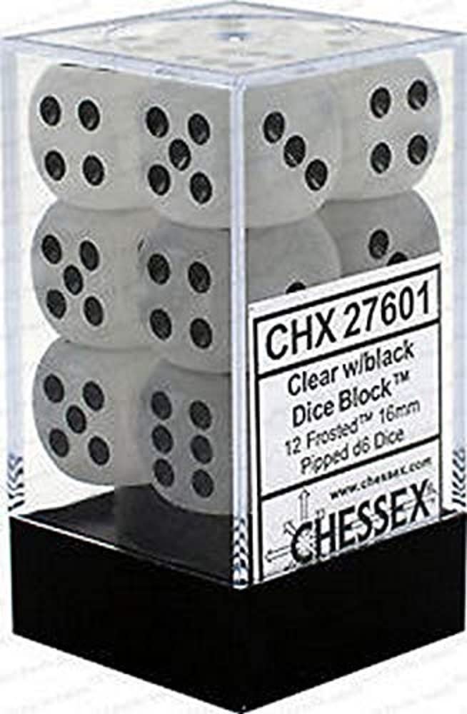 DND Dice Set-Chessex D&D Dice-16mm Frosted Clear and Black Plastic Polyhedral Dice Set-Dungeons and Dragons Dice Includes 12 Dice – D6