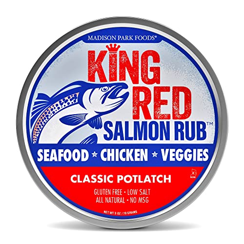 King Red Potlatch Salmon Rub - Gourmet Seafood Seasoning and Classic Dry Grilling Spices - All Natural, Keto, Gluten Free, Low Salt, No MSG, Madison Park Foods + Made in USA, 3 Ounce Spice Tin