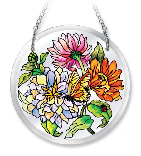 Amia Hand-Painted Beveled Glass Butterfly and Zinnias Suncatcher, 4-1/2-Inch