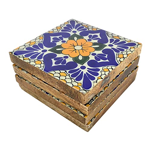 Boston Warehouse Blue and Yellow Wood and Enamel Set of 4 Square Drink Coasters