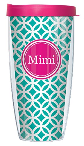 Freeheart Signature Tumblers Pink Mimi Insignia Wrap on Teal and White Roundabout 22 Ounce Double-Walled Travel Tumbler Mug with Hot Pink Easy Sip Lid