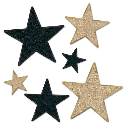 Beistle Glittered Foil Sparkle Paper Star Cut Outs 6 Piece VIP Awards Night Decorations - New Year‚Äôs Eve Party Supplies, 5" - 12", Black/Gold