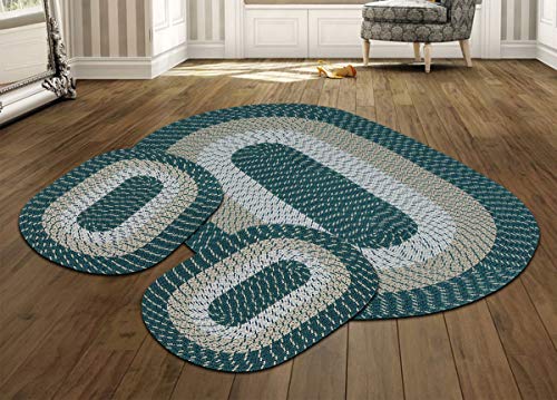 Better Trends Country Braid Collection 3 Piece Set Durable & Stain Resistant Reversible Indoor Oval Area Rug 100% Polypropylene in Vibrant Colors, 20"x30"/20"x30"/36"x60", Hunter Stripe