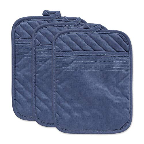 DII Design Heat Resistant Quilted Cotton, Pocket Potholder, 7x9, French Blue, 3 Piece