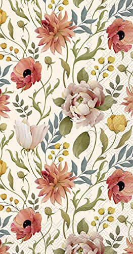 Boston International IHR 3-Ply Guest Towel Buffet Fall Autumn Halloween Thanksgiving Paper Napkins, 16-Count, Flower Story- Cream
