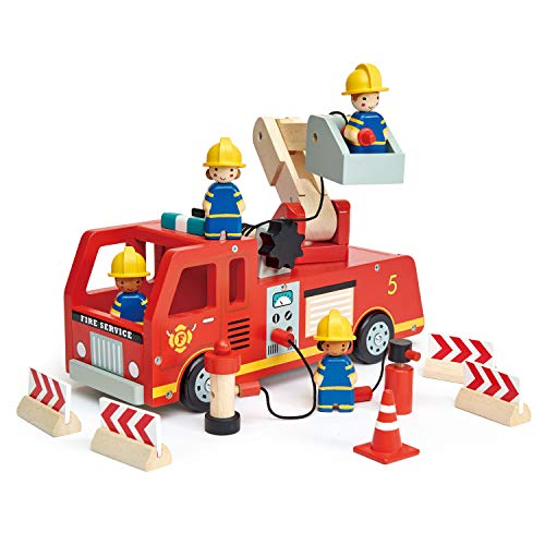 Tender Leaf Toys - Fire Engine - Wooden Fire Truck Toy with Firefighters and Accessories for Age 3+