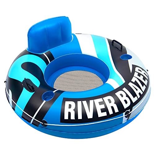 Sunlite Sports River Raft Inflatable, Water Float to Lounge Above Lake and River, Outdoor Water Tube Sport Fun, Recreational Use, Two Grip Handles, Cup Holder, Grab Rope, 5 Cool Blue 53"