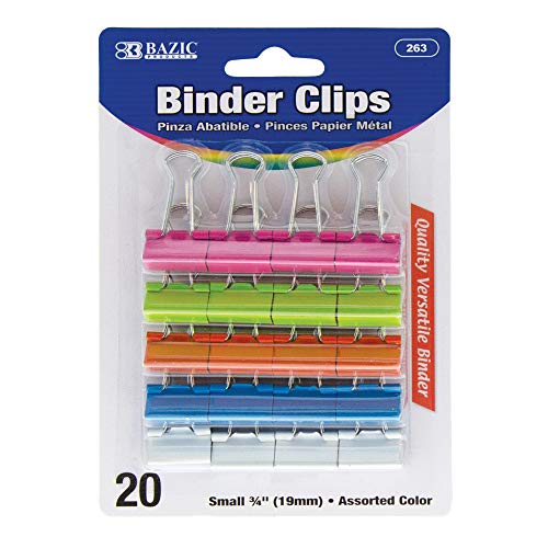 BAZIC Binder Clips Small Assorted Color 3/4" (19mm), Paper Clamps Paper Clip, Paperclips for Office School Supplies Home Kitchen (20/Pack), 1-Pack