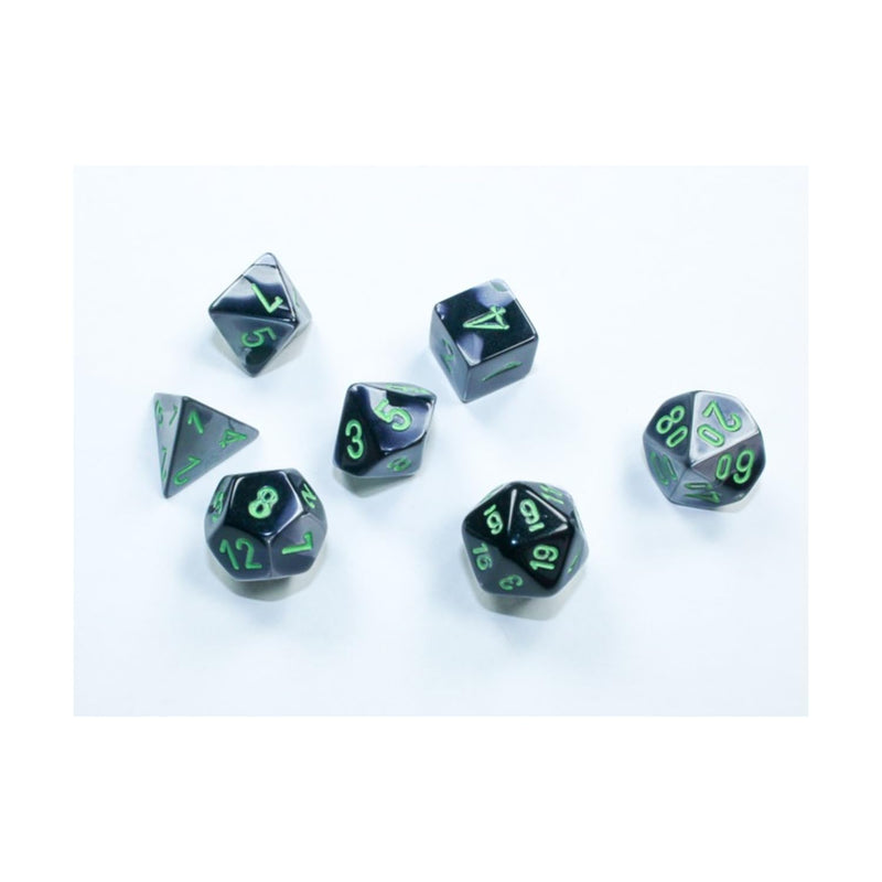 Black and Grey Gemini Mini Dice with Green Colored Numbers 10mm (3/8in) Set of 7 Chessex