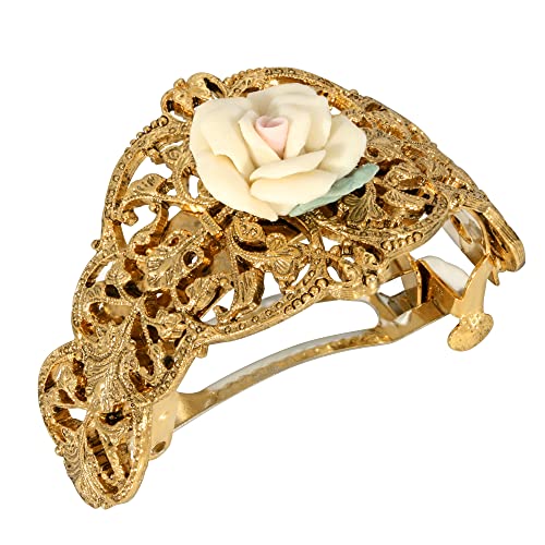 1928 Jewelry Womens Gold-Tone Ivory Porcelain Rose Ponytail Hair Accessory