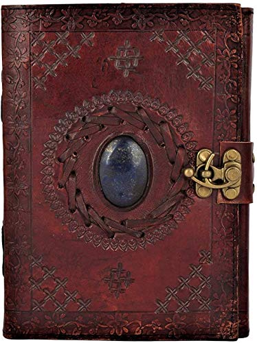 TUZECH Handmade Office Home Daily Use, Poem Writing Beautiful Pure Leather Luck Stone Bound Journal/Diary with Lock for Men and Women (8x6 Inches) (Brown)