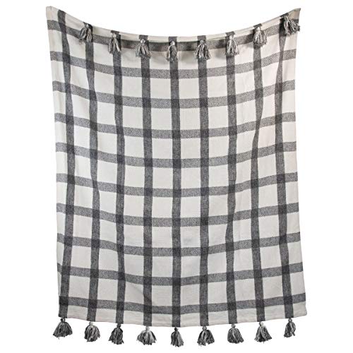 Foreside Home & Garden Black Plaid Pattern Handwoven 50 x 60 inch Cotton Throw Blanket with Hand Tied Tassels, Multicolored