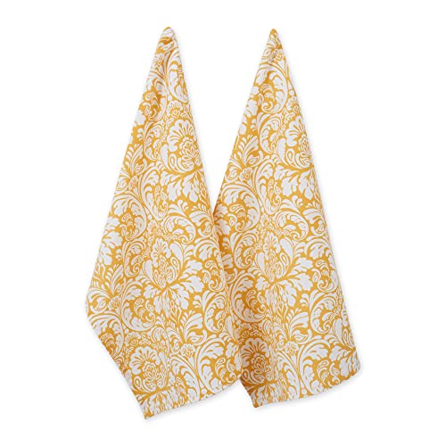 DII Cotton Damask Kitchen Dish Towels, 28 x 18 Set of 2, Low Lint Decorative Tea Towel for Everyday Cooking and Baking-Mustard