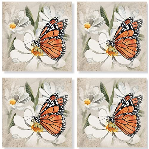 Carson Stoneware Coasters with Cork Back 4 Piece, Decorative Home Accents Square Stone Coaster Set, Monarch On White Flower Square House Coaster Set