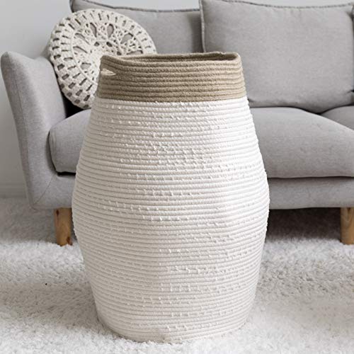 La Jol√≠e Muse Jumbo Laundry Hamper 24 Inch, Tall Cotton Rope Woven Basket Hamper for Laundry Clothes Bathroom, White & Linen