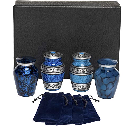 Eternal Harmony Keepsake Urns for Human Ashes | 4 Mini Urn for Cremation, Carefully Handcrafted with Elegant Finishes to Honor Your Loved One | Each Small Urn Comes in a Beautiful Velvet Bag (Navy)