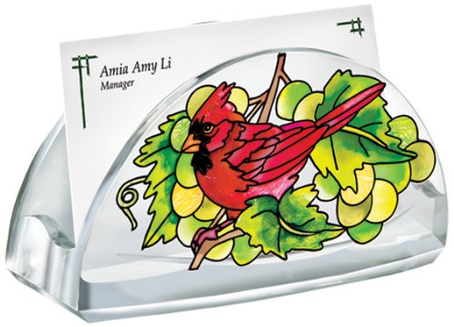 Amia Hand Painted Acrylic Business Card Holder Featuring a Cardinal Design Design, 4-Inch