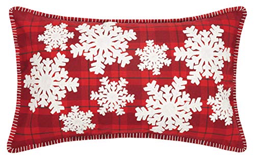 Peking Handicraft 31JES197C20OB Plaid Snowflakes Embroidered Applique Pillow, 20-inch Long