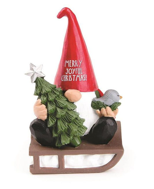 Blossom Bucket 228-13418 Merry Joyful Christmas Gnome on Sled Figurine, 4-inch Height
