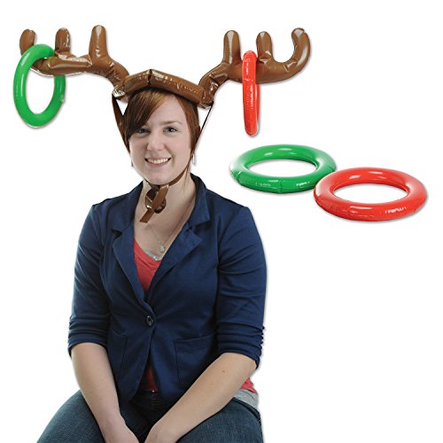 Beistle Inflatable Reindeer Ring Toss, 27" and 7.25", Brown/Red/Green