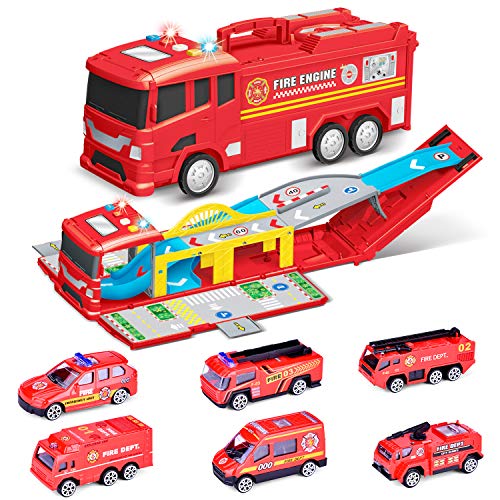Fun Little Toys Electric Fire Truck Toy Car Carrier Truck - 6 Small Metal Toy Trucks with Sounds and Lights Included for 1-8 Years Old Boys