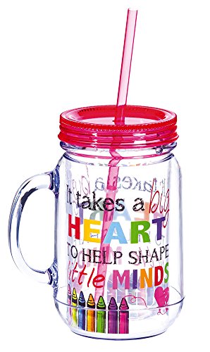 Evergreen Cypress Home Teacher Appreciation 20 oz Gift Mug It Takes A Big Heart To Help Shape Little Minds | Red | Double Wall Insulated Mason Jar With Straw | 6.25-in Tall x 5-in Wide