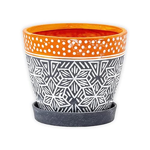 Napco 13944 Geometric Pattern Navy and Orange 6.5 x 6.5 Ceramic Standing Container Garden Planter Pot with Saucer