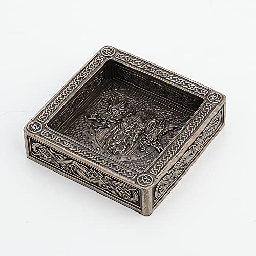 Unicorn Studio Veronese Design 4" x 4" Odin Well Of Knowledge Tray With Metal Ashtray Attachment Cold Cast Bronzed Resin Sculpture Nordic Viking Square Candle Holder