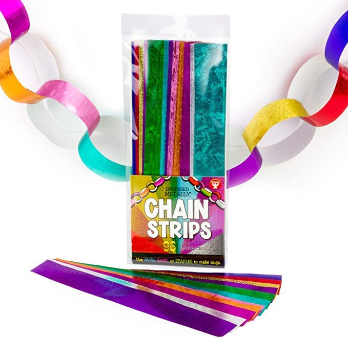 Hygloss Products Embossed Metallic Paper Chain Strips for Kids Arts and Crafts, Decorations, Classroom Activities-Assorted Colors-96 Pieces (1" x 8")
