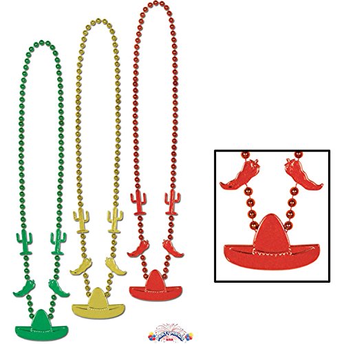 Beistle Assorted Fiesta Beaded Necklaces, Red/Gold/Green