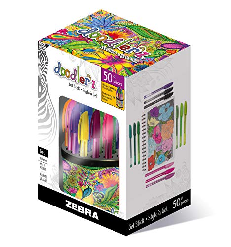 Zebra Pen Doodlerz Gel Stick Pen with Display Cup, Smooth Gel Ink, 1.0mm, Assorted Ink Colors, 50-Pack (41950)