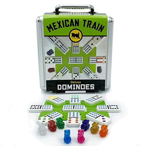 Front Porch Classics Mexican Train Set Deluxe Set, with Plastic Hub, 91 Tiles, 8 Train Markers, Score pad, On-The-Go Carrying Case from University Games