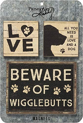 Primitives by Kathy 39363 Distressed Black and White Magnet Set, Set of 3, And A Dog